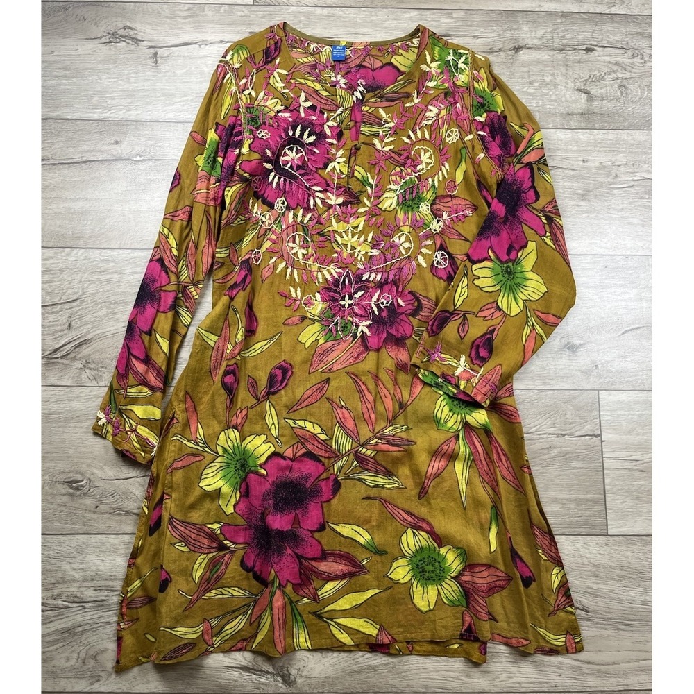Raj Tunic Dress Women's Size Large Multi Color Floral Cotton Embroidered Kaftan - Picture 13 of 13